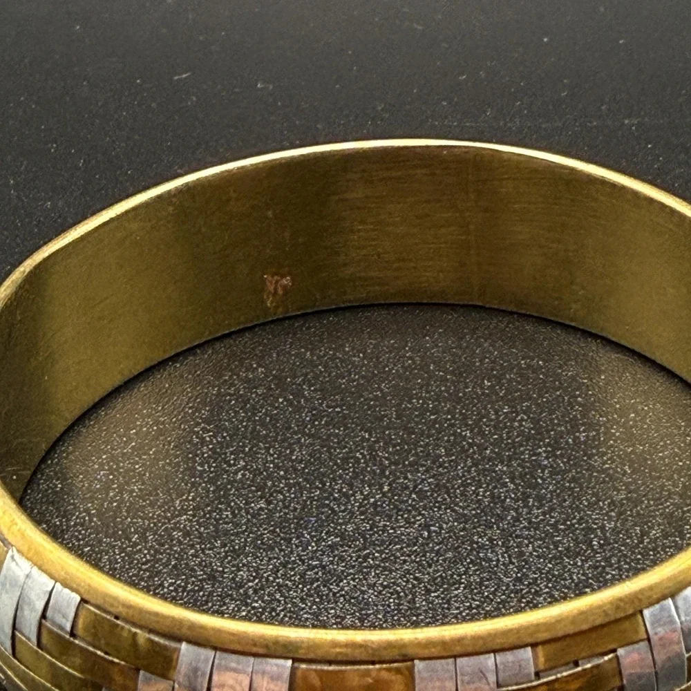 Vintage Woven Lattice Weave Two Tone Brass and Silver Tone Boho Bangle Bracelet